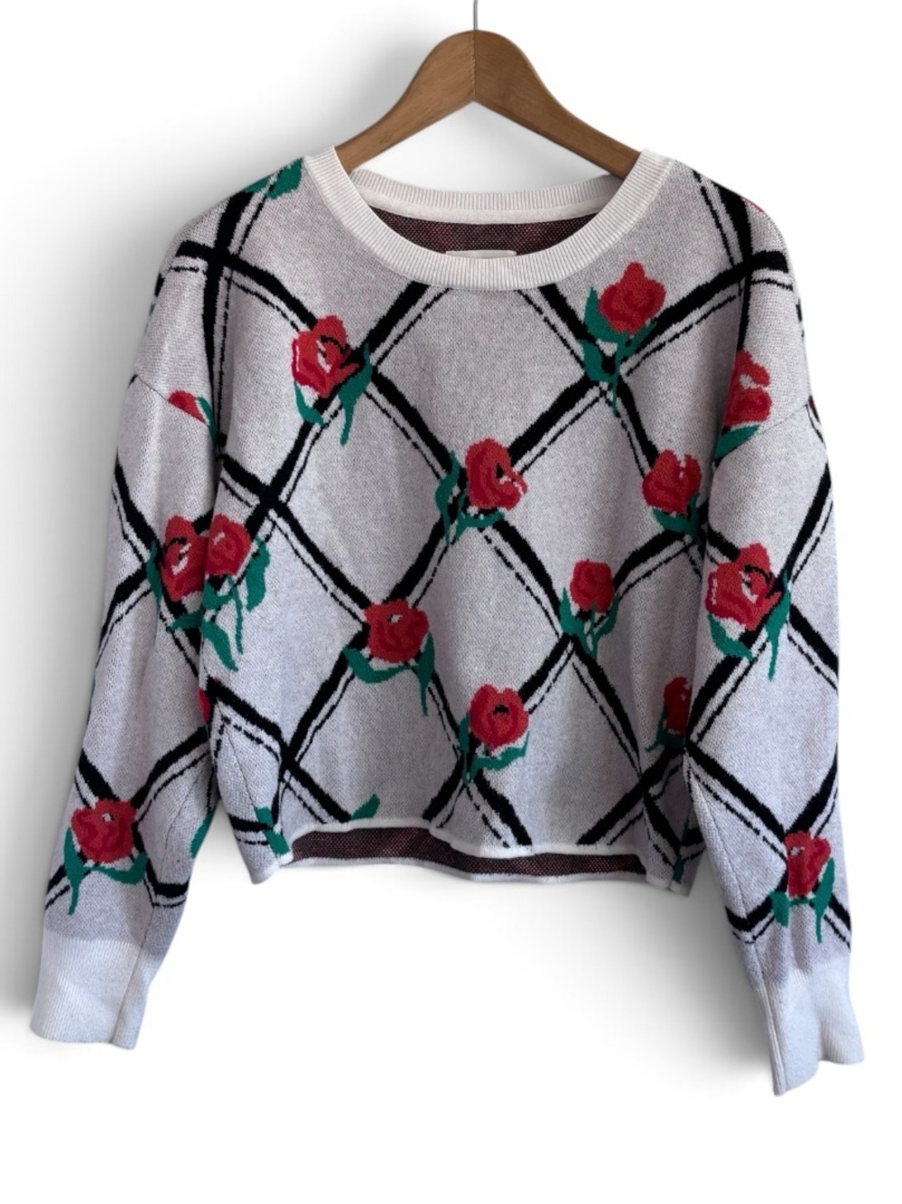 Maeve by Anthropologie Rose Argyle Knit Sweater White Red Small Floral Preppy